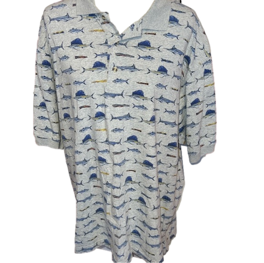 Bimini Bay Outfitters Fish Marlin Lures Print Polo L
